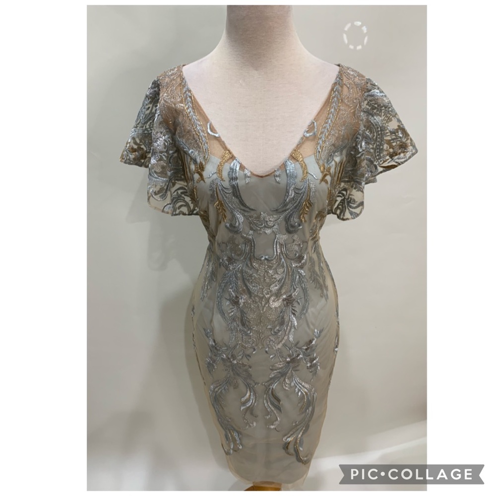 Mon Cheri silver gold flutter sleeve midi dress - Picture 4 of 6